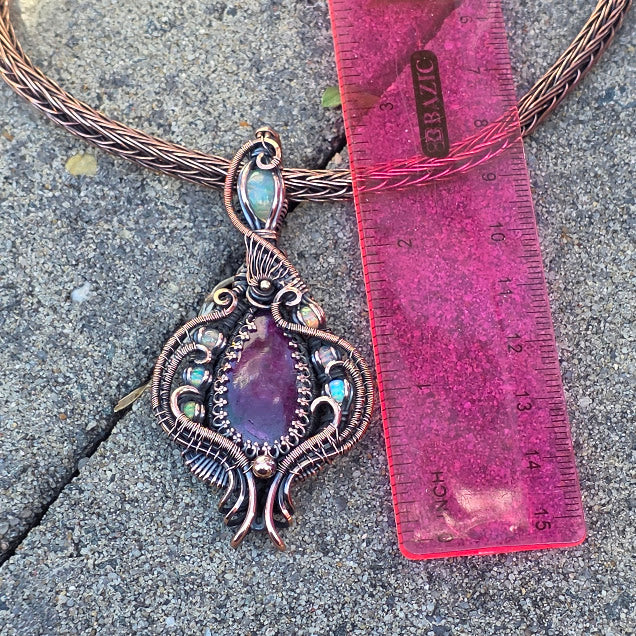 Ruby in Zoisite with Natural Ethiopian Opals in Antiqued Copper on Viking Knit Collar