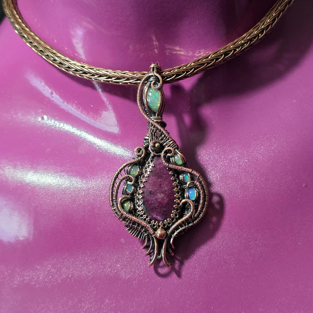 Ruby in Zoisite with Natural Ethiopian Opals in Antiqued Copper on Viking Knit Collar