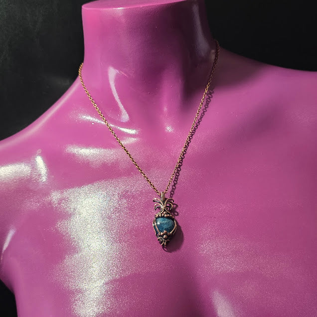 Blue Apatite in Antiqued Copper Pendant on 18" Chain - Always Handmade