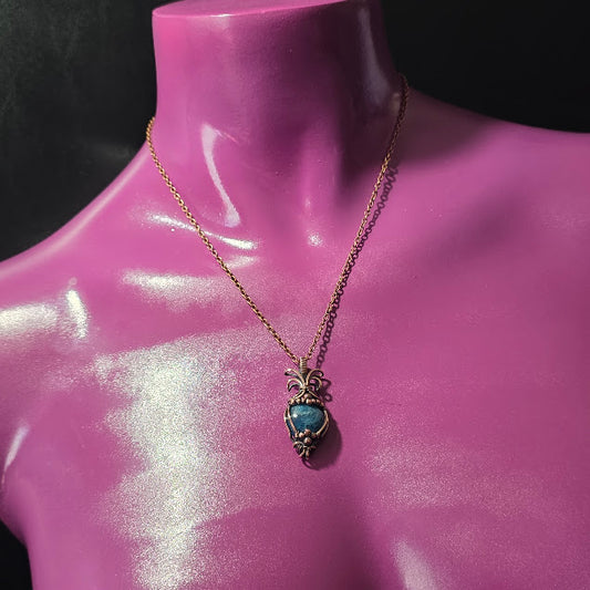 Blue Apatite in Antiqued Copper Pendant on 18" Chain - Always Handmade