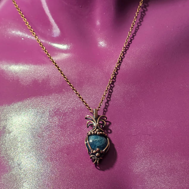 Blue Apatite in Antiqued Copper Pendant on 18" Chain - Always Handmade