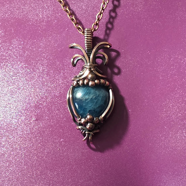 Blue Apatite in Antiqued Copper Pendant on 18" Chain - Always Handmade