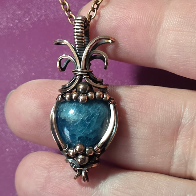 Blue Apatite in Antiqued Copper Pendant on 18" Chain - Always Handmade