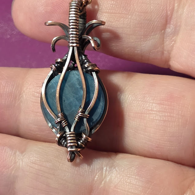 Blue Apatite in Antiqued Copper Pendant on 18" Chain - Always Handmade