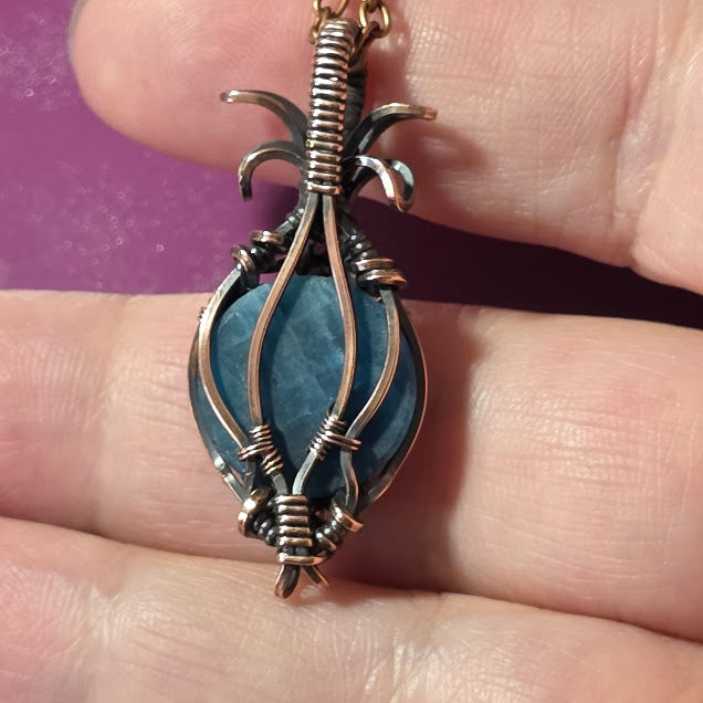 Blue Apatite in Antiqued Copper Pendant on 18" Chain - Always Handmade