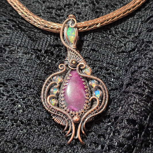 Ruby in Zoisite with Natural Ethiopian Opals in Antiqued Copper on Viking Knit Collar