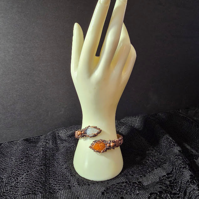 Sunstone and Moonstone in Wrapped, Twisted and Braided Antiqued Copper Adjustable Bracelet - Always Handmade