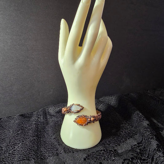Sunstone and Moonstone in Wrapped, Twisted and Braided Antiqued Copper Adjustable Bracelet - Always Handmade