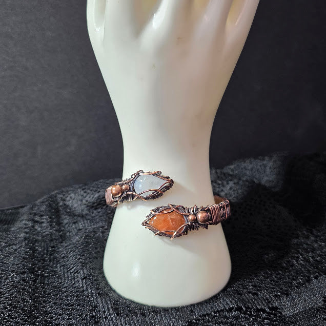 Sunstone and Moonstone in Wrapped, Twisted and Braided Antiqued Copper Adjustable Bracelet - Always Handmade