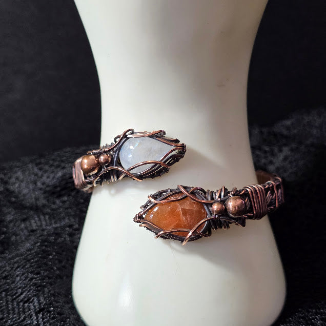 Sunstone and Moonstone in Wrapped, Twisted and Braided Antiqued Copper Adjustable Bracelet - Always Handmade