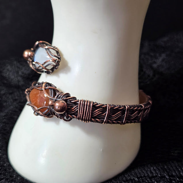 Sunstone and Moonstone in Wrapped, Twisted and Braided Antiqued Copper Adjustable Bracelet - Always Handmade