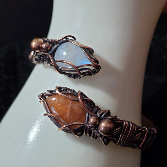 Sunstone and Moonstone in Wrapped, Twisted and Braided Antiqued Copper Adjustable Bracelet - Always Handmade