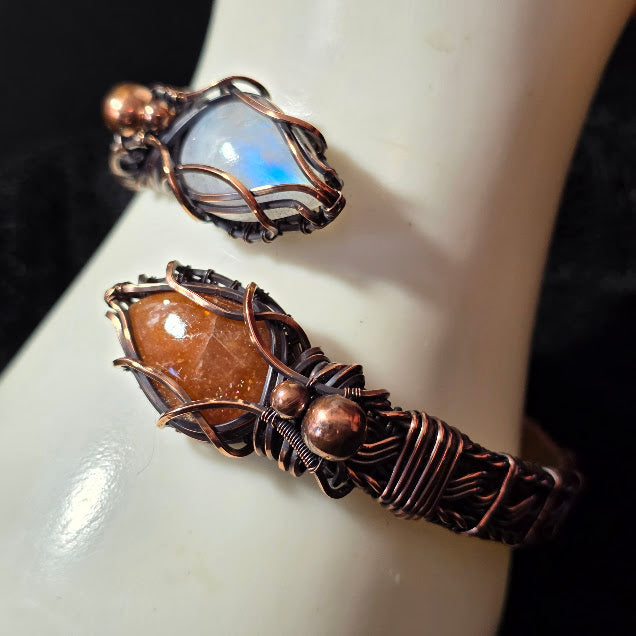 Sunstone and Moonstone in Wrapped, Twisted and Braided Antiqued Copper Adjustable Bracelet - Always Handmade