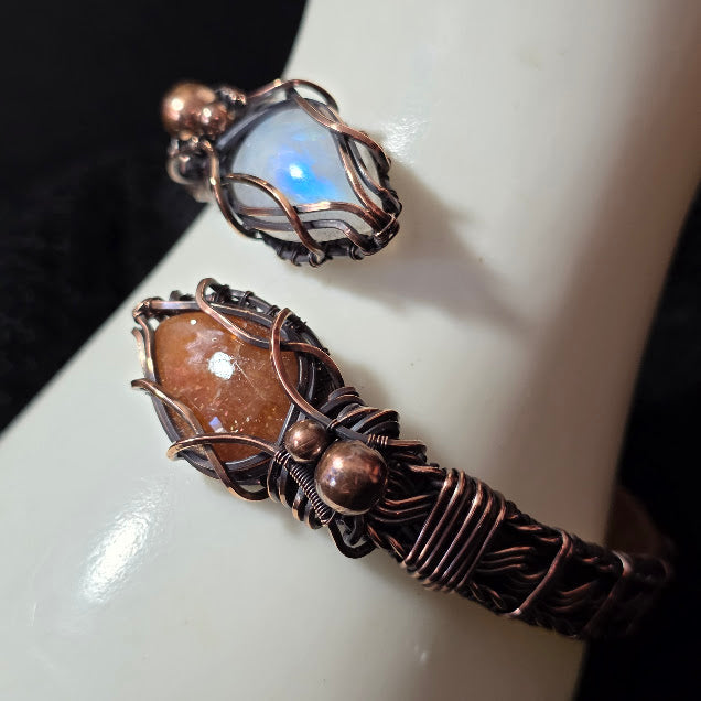 Sunstone and Moonstone in Wrapped, Twisted and Braided Antiqued Copper Adjustable Bracelet - Always Handmade