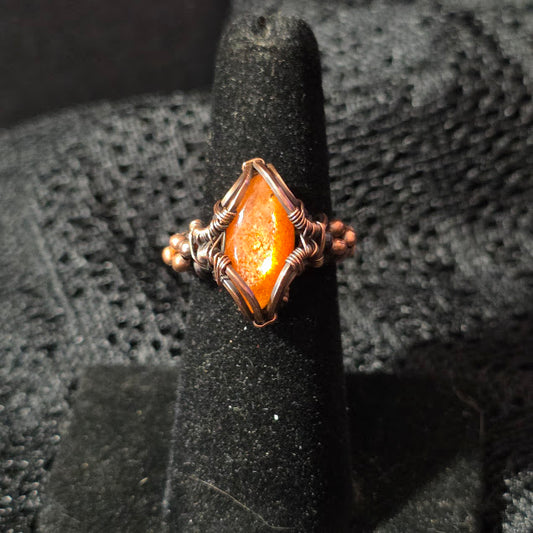 Sunstone in Antiqued Copper Ring with Bead Detail Size 6