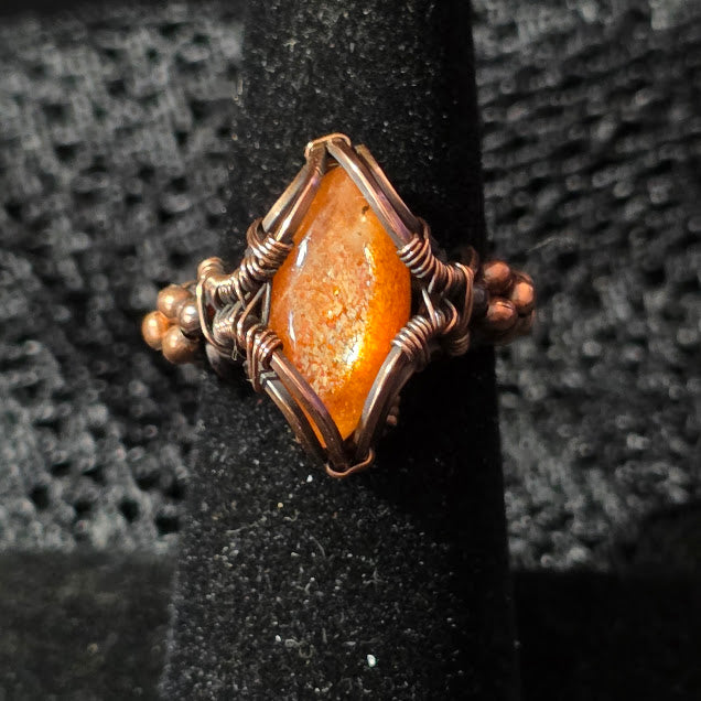 Sunstone in Antiqued Copper Ring with Bead Detail Size 6
