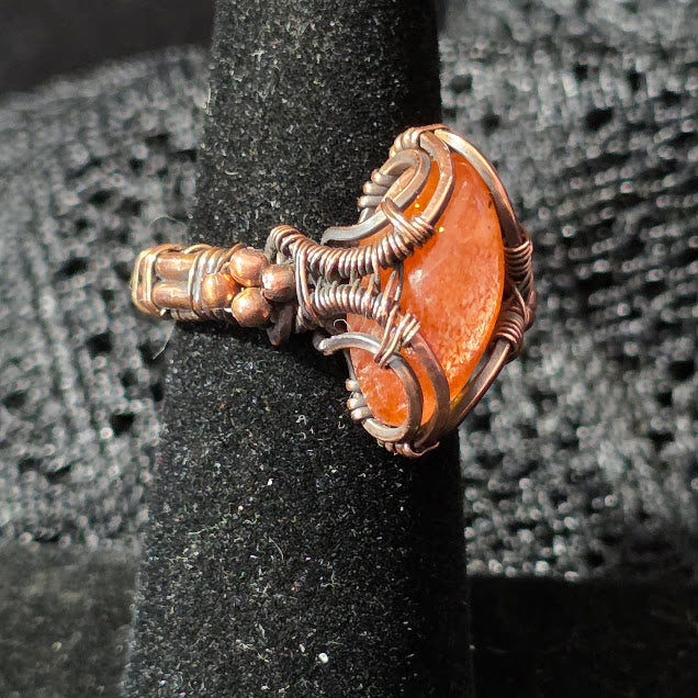 Sunstone in Antiqued Copper Ring with Bead Detail Size 6