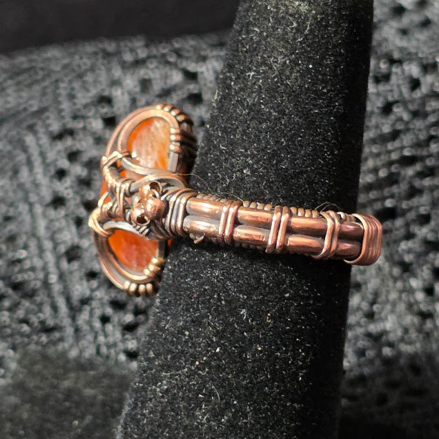 Sunstone in Antiqued Copper Ring with Bead Detail Size 6