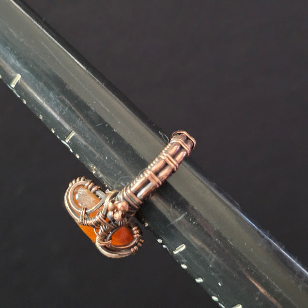 Sunstone in Antiqued Copper Ring with Bead Detail Size 6