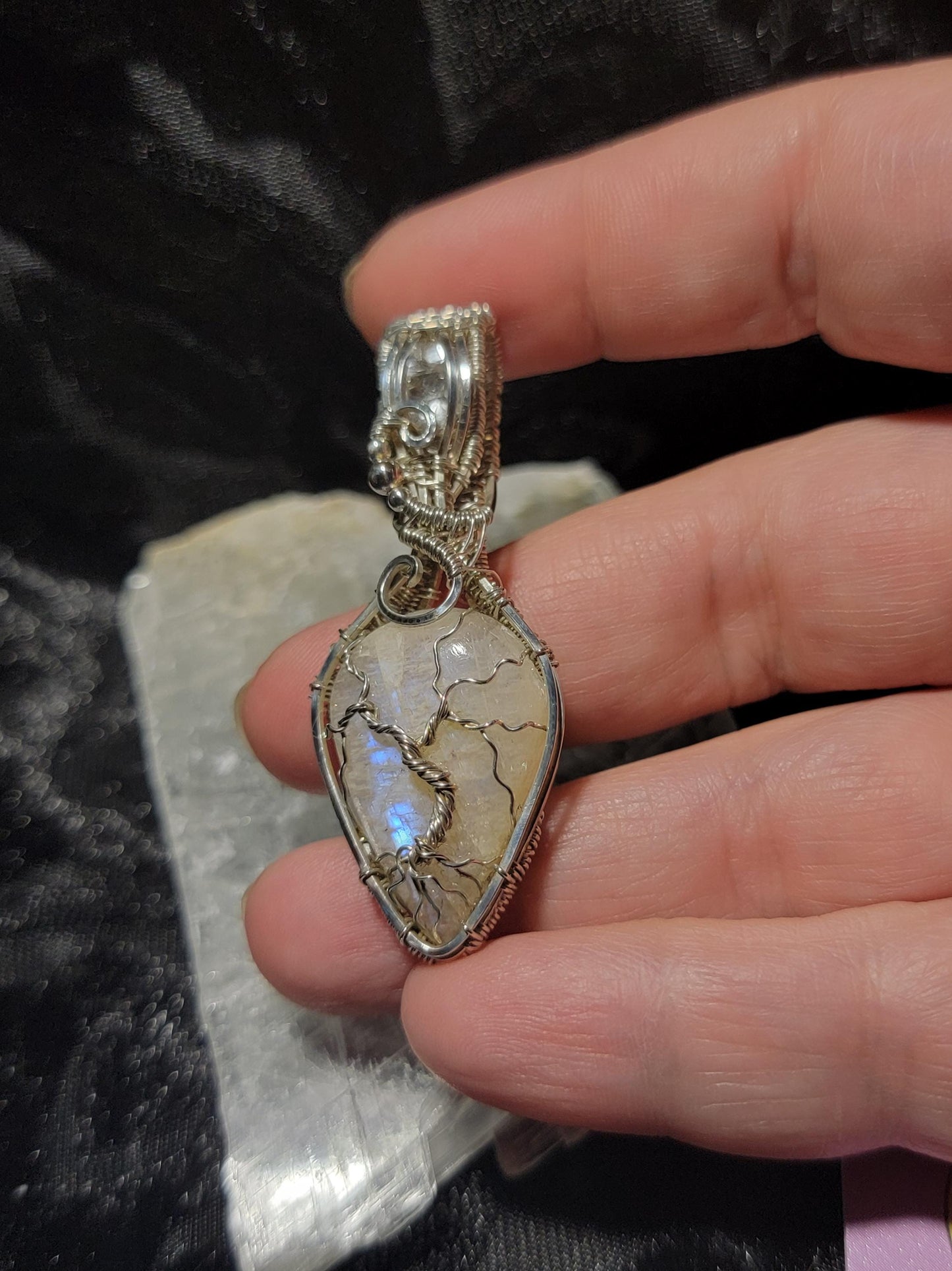 Flashy Belomorite w/Clear Quartz in Sterling Silver Tree Pendant