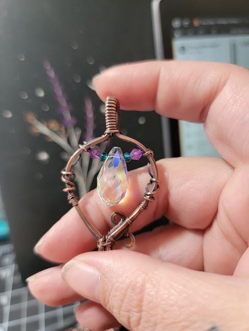Antiqued Copper and Glass Sun-Catcher Wire Wrapped Pendant