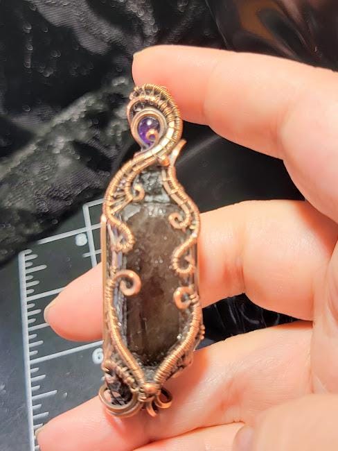 Divine Intuition Talisman - Raw Smoky Quartz Point w/ Genuine Rough Moldavite Chunk & Smooth Amethyst in Antiqued Copper Pendant