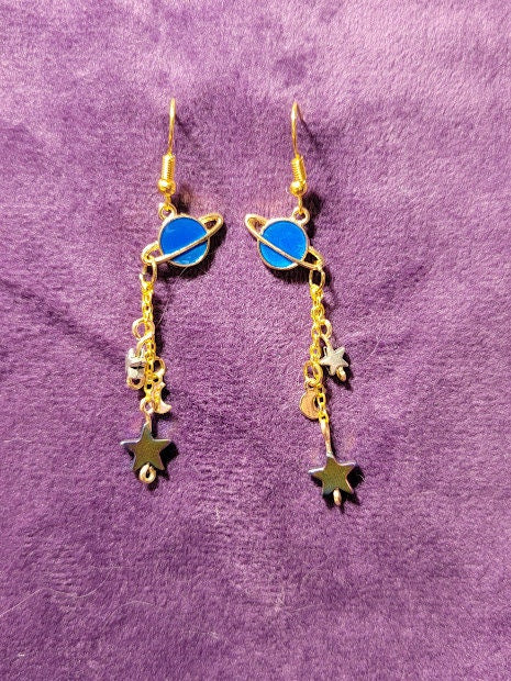 Dangly Saturn w/ Moon and Stars Earrings - Gold Plated