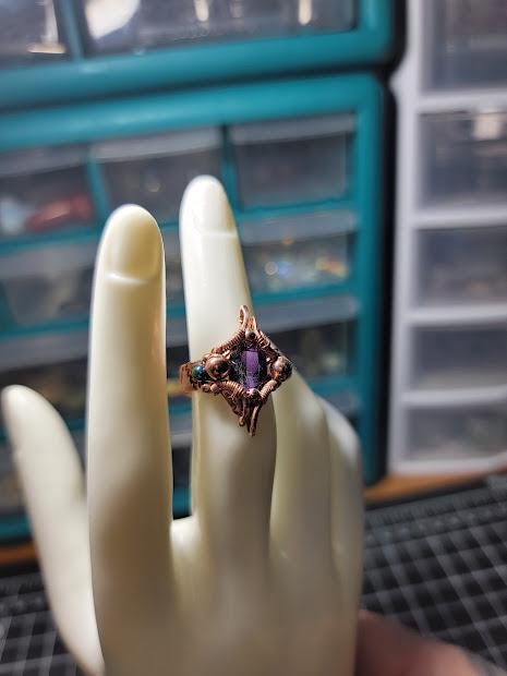 Amethyst in Wire Wrapped Copper Ring Band w/ Rainbow Hematite Sz. 6US