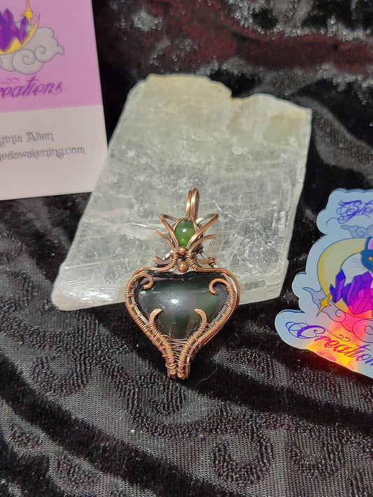 Rainbow Obsidian Heart w/ Serpentine Accent in Antiqued Copper Pendant
