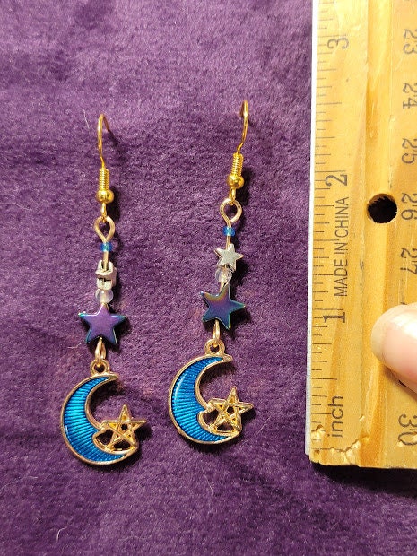 Dangly Celestial Earrings w/ Rainbow Hematite Stars & Moonstone Beads on Gold Plated Wire