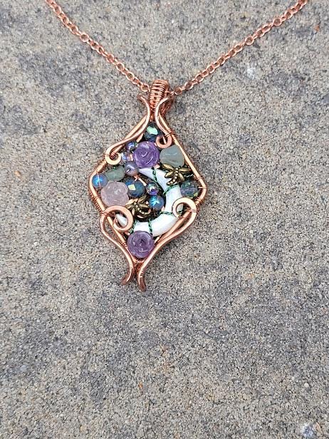 Mother of Pearl Crescent Moon w/ Assorted Glass Beads and Amethyst & Rose Quartz Roses in Untreated Raw Coppper