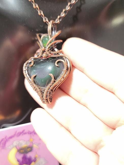 Rainbow Obsidian Heart w/ Serpentine Accent in Antiqued Copper Pendant