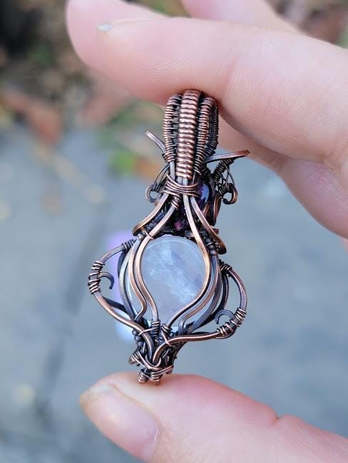 Moonstone with Amethyst in Antiqued Copper Hand Wrapped Pendant