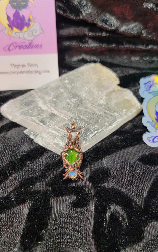 Chrome Diopside with Natural Ethiopian Opals in Antiqued Copper Hand Wrapped Pendant