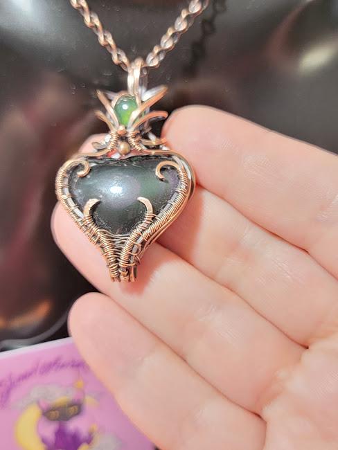 Rainbow Obsidian Heart w/ Serpentine Accent in Antiqued Copper Pendant