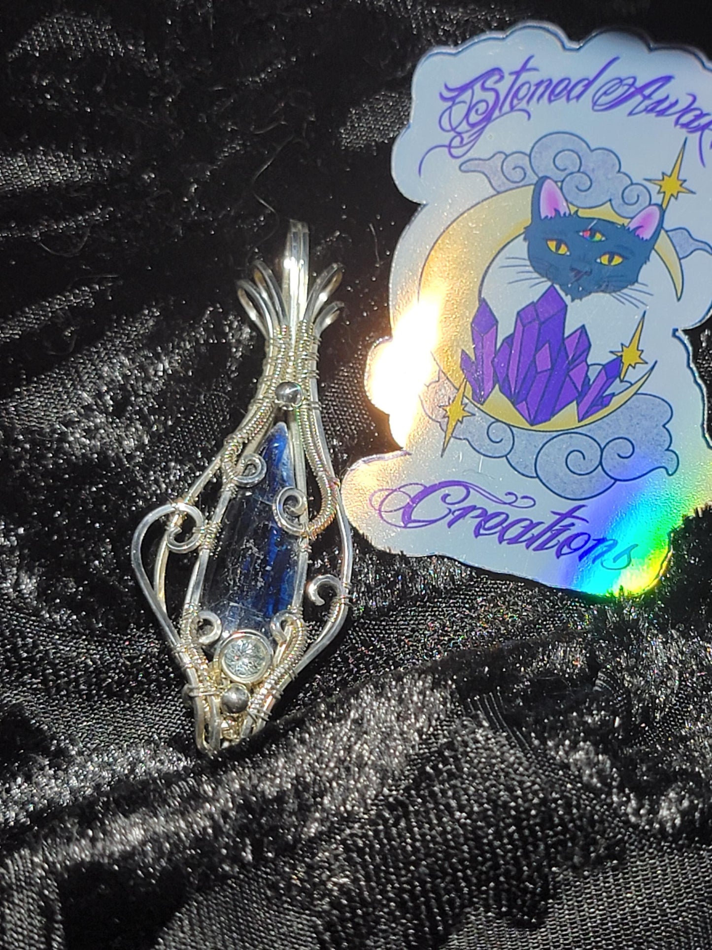 Blue Kyanite with Sky Blue Topaz in Sterling Silver Wire Wrapped Pendant