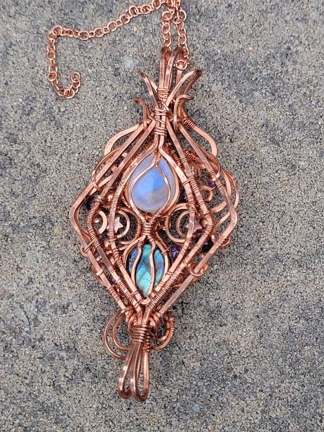 Double Bailed Moonstone and Labradorite Wire Wrapped Copper Pendant with Amethyst Accent Beads