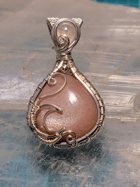 Peach Moonstone w/ Rainbow Moonstone in Sterling Silver