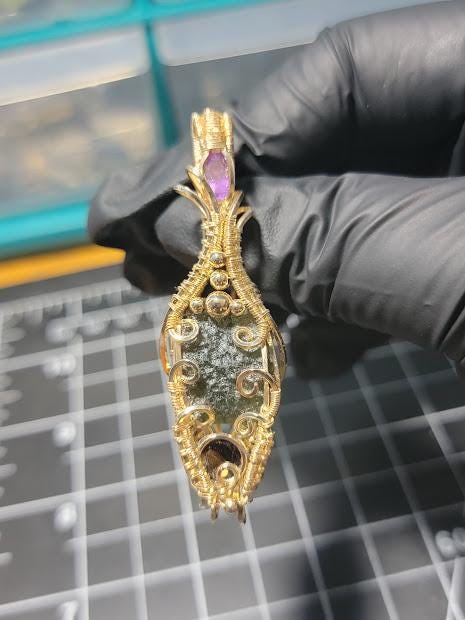Genuine Rough Moldavite with Amethyst & Smoky Quartz Wrapped in 14k Gold Filled Wire Pendant Comes with 18" Chain