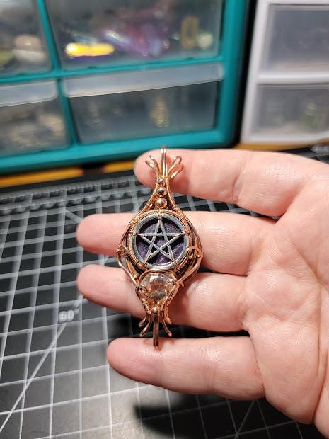 Lepidolite with Clear Quartz in Copper Wire Wrapped Double Bailed Pendant with Stainless Steel Pentacle