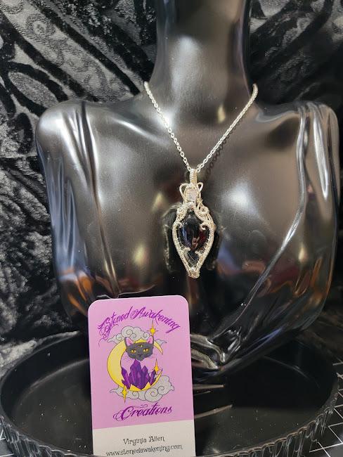 Silver Sheen Obsidian w/ Moonstone Accent in Sterling Silver Wire Wrapped Pendant