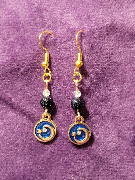 Dangly Celestial Earrings w/ Blue Goldstone & Moonstone on Gold Plated Wire