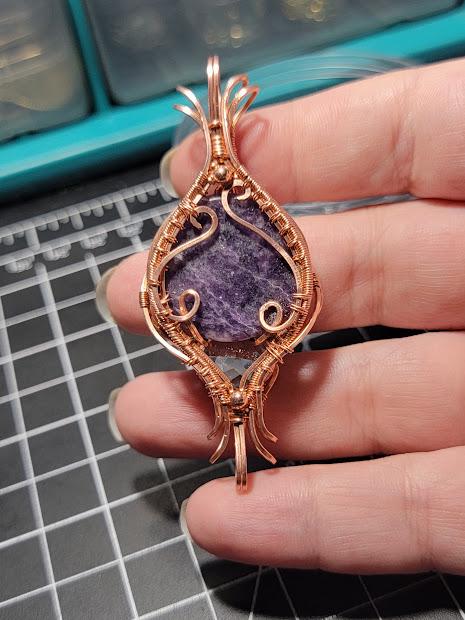Lepidolite with Clear Quartz in Copper Wire Wrapped Double Bailed Pendant with Stainless Steel Pentacle