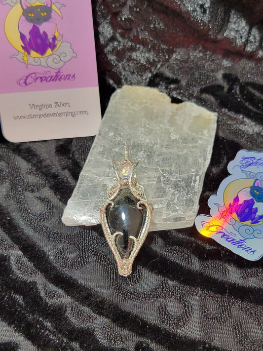 Silver Sheen Obsidian w/ Moonstone Accent in Sterling Silver Wire Wrapped Pendant
