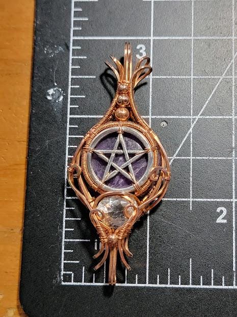 Lepidolite with Clear Quartz in Copper Wire Wrapped Double Bailed Pendant with Stainless Steel Pentacle