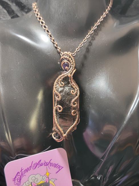 Divine Intuition Talisman - Raw Smoky Quartz Point w/ Genuine Rough Moldavite Chunk & Smooth Amethyst in Antiqued Copper Pendant
