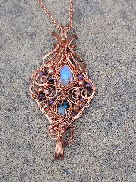 Double Bailed Moonstone and Labradorite Wire Wrapped Copper Pendant with Amethyst Accent Beads