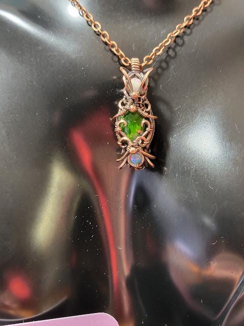 Chrome Diopside with Natural Ethiopian Opals in Antiqued Copper Hand Wrapped Pendant