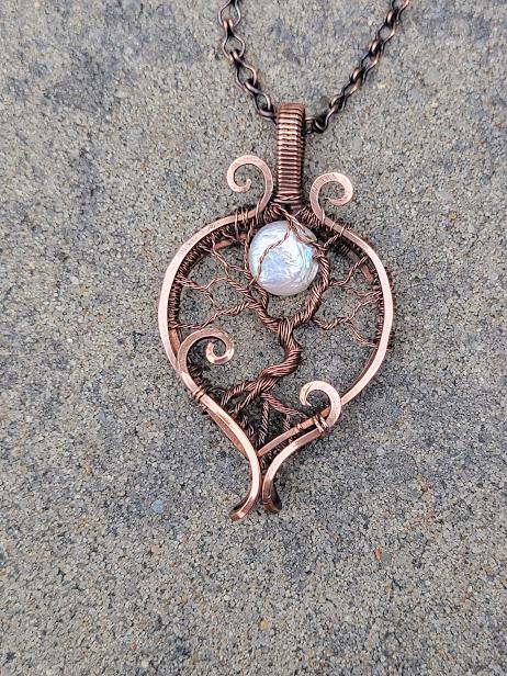 Antiqued Copper Tree of Life w/ Mother of Pearl Moon Hand Wrapped Pendant