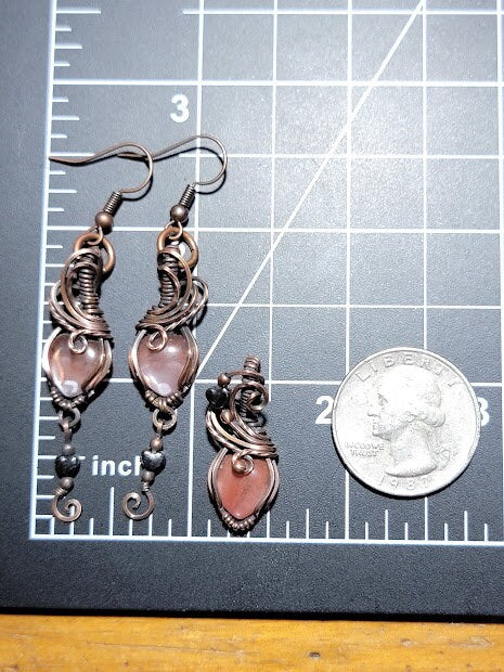 Cherry Quartz Hearts Earring and Pendant Set in Antiqued Copper